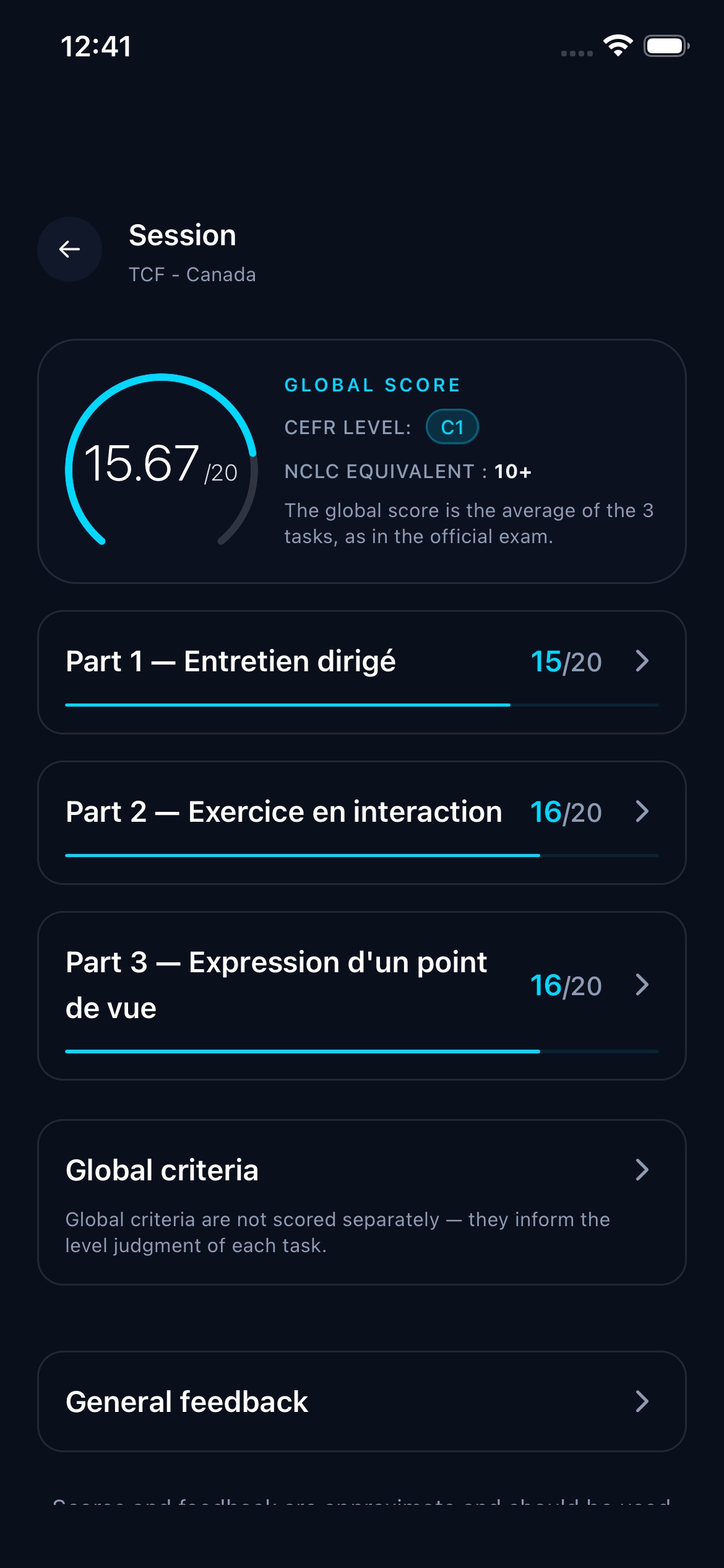 Instant score and feedback in OralPrep